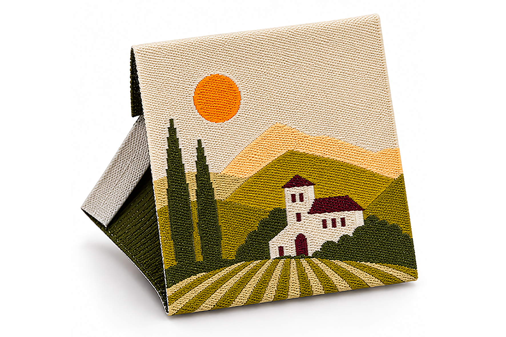 Cream centerfold woven label with a detailed winery landscape design