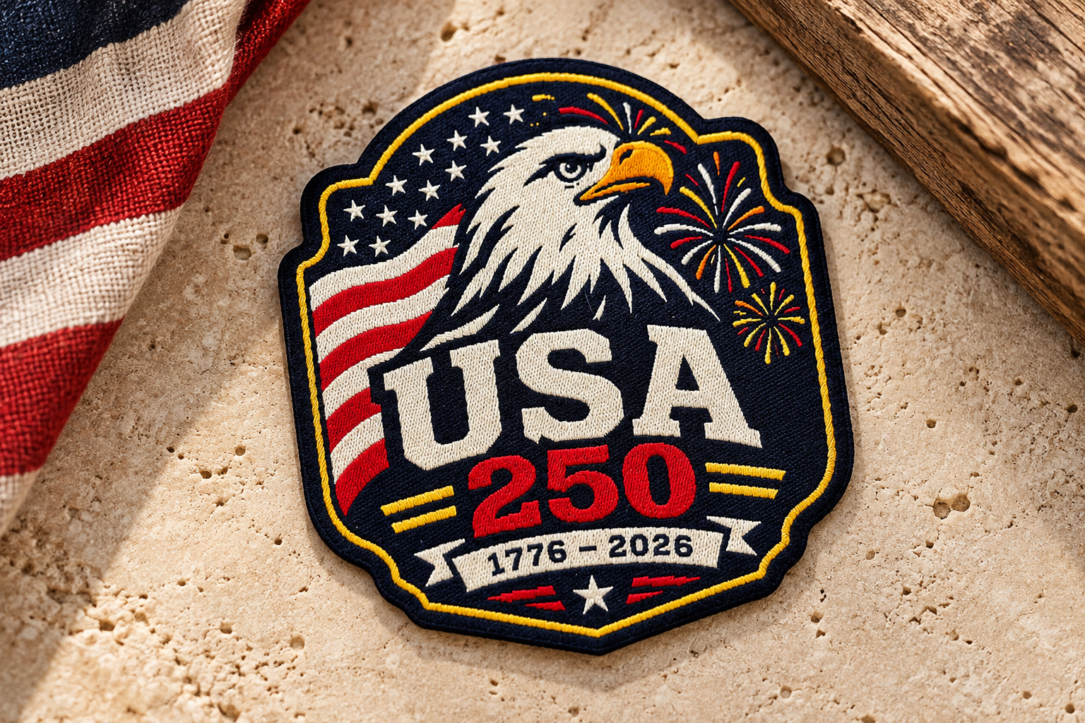 Custom-shaped USA 250 woven patch with eagle, flag, and fireworks artwork